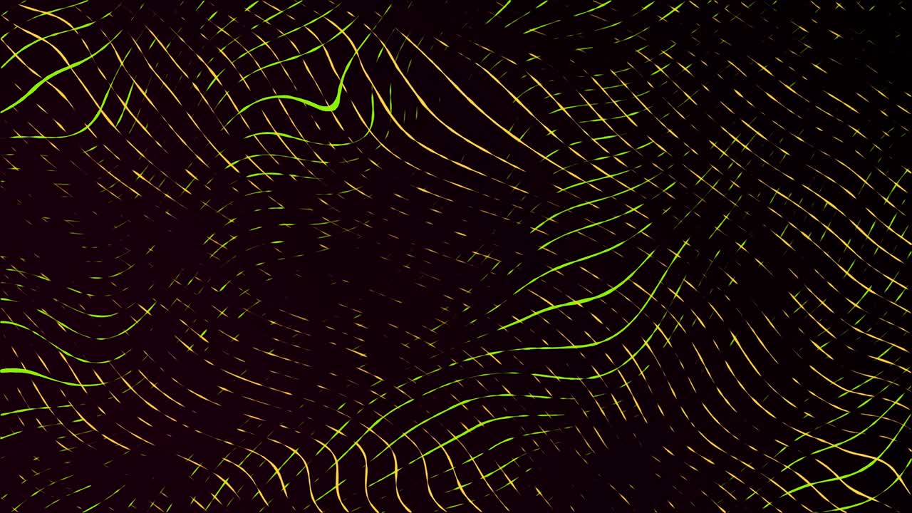 Moving neon swirling lines with wave warp effects patchwork glowing pattern design on a dark gradient background dynamic abstract motion graphics textured overlay colour way orange green