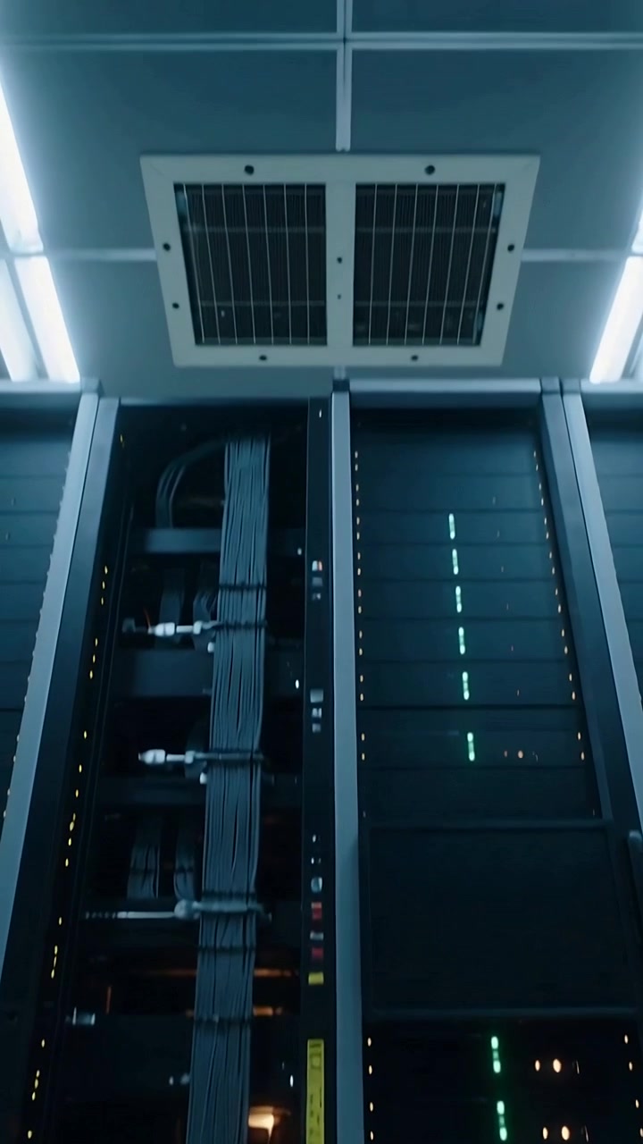 Video verticale: Telecamera che panoramica partendo dal basso in un data center, rivelando rack di server, cavi e LED.