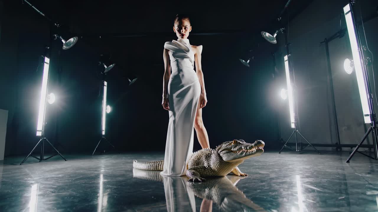 Woman in White Dress with Crocodile