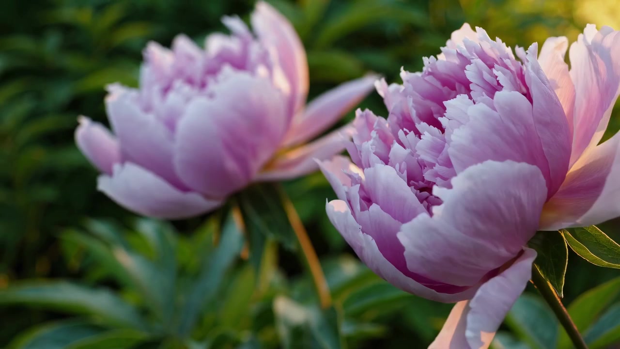 Primo piano di peonie rosa in fiore in un giardino al tramonto