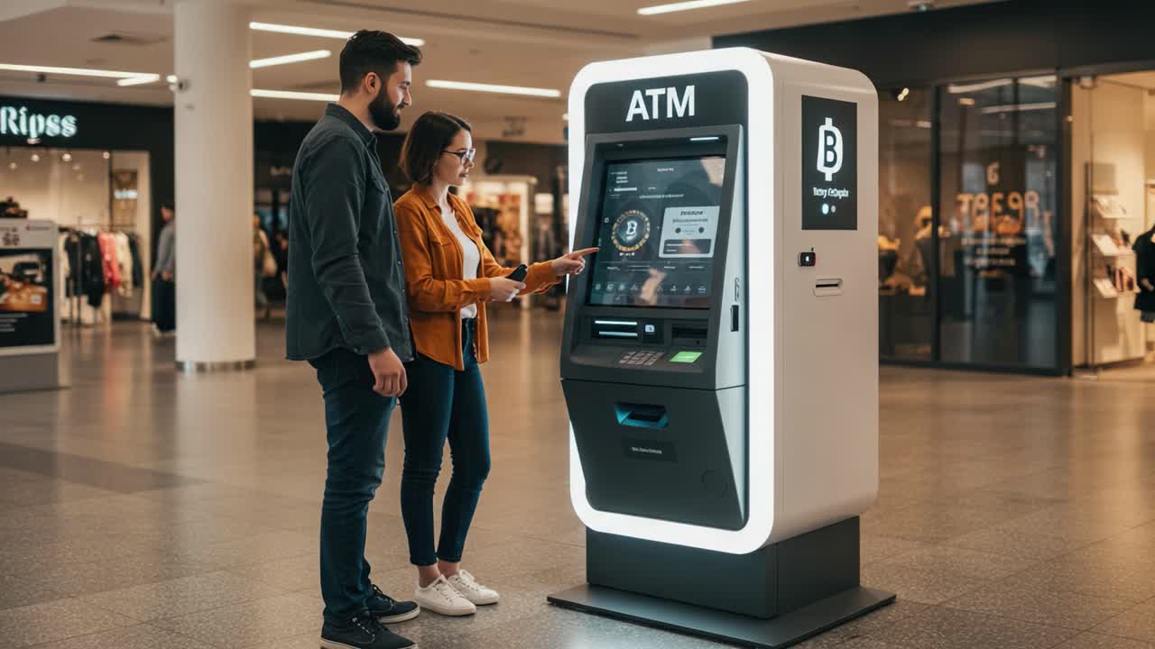 Un incontro all'avanguardia tecnologica: Utenti con un bancomat moderno in un vivace ambiente di vendita al dettaglio, che mostra la facilità di accesso ai servizi finanziari e la tecnologia di punta.