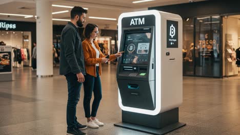 A Tech-Savvy Encounter: Users Interacting with a Modern ATM in a Bustling Retail Environment, Showcasing Ease of Access to Financial Services and Cutting-Edge Technology