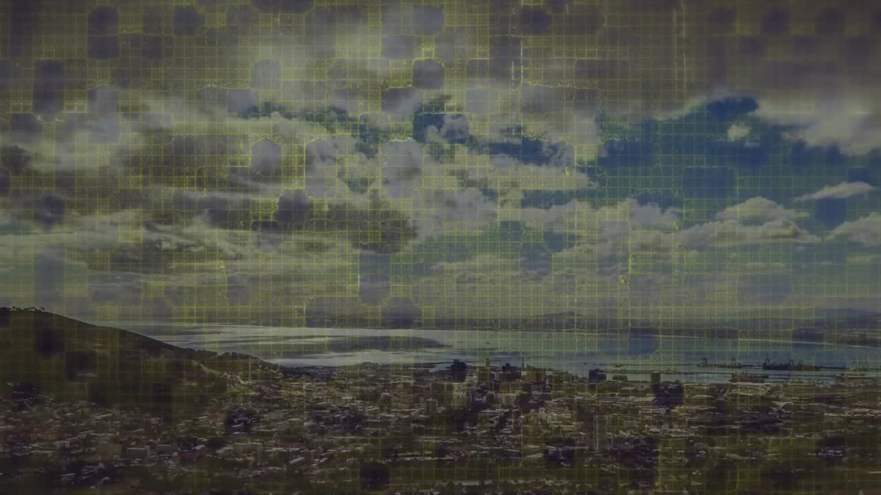 animación de cuadrados en movimiento sobre el paisaje urbano