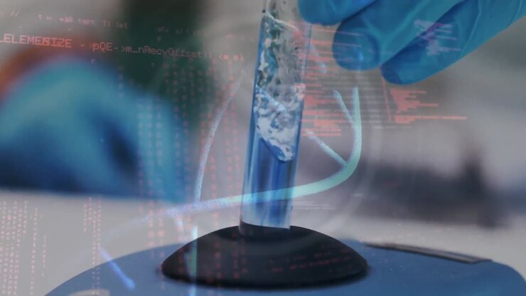 Animation of dna strand and data processing over close up of scientist working in lab