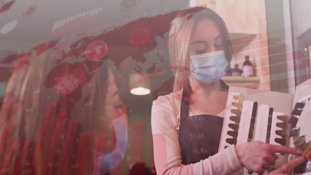 animación de células de coronavirus sobre una peluquera caucásica y una mujer que usa máscaras faciales