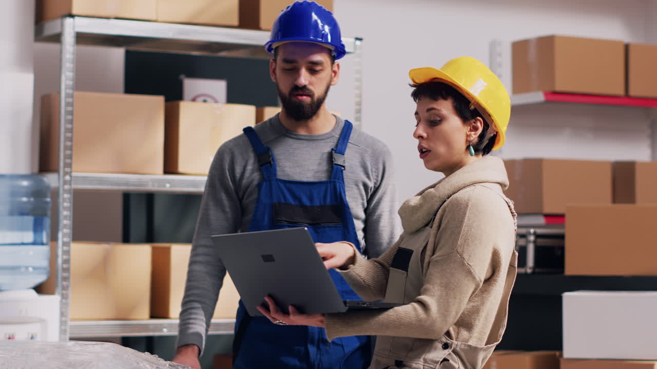 Warehouse employees working on laptop