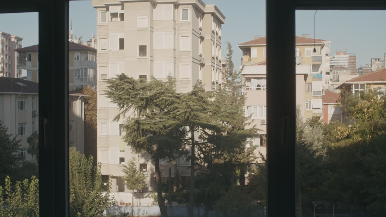 Timelapse delle ombre in movimento di edifici e alberi alti con il sole che sorge sul cielo blu, viste dalle finestre del soggiorno