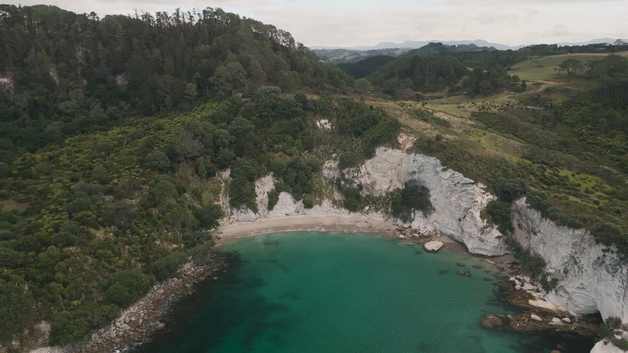 Baia costiera con foresta lussureggiante e scogliere