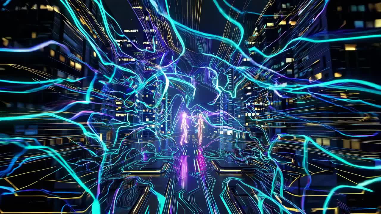 Futuristic Cityscape with Glowing Figures