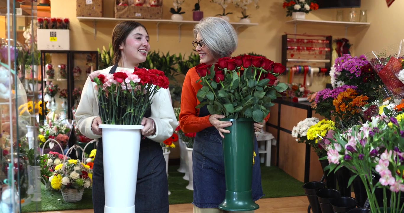Due fioriste che tengono vasi di fiori in un negozio di fiori