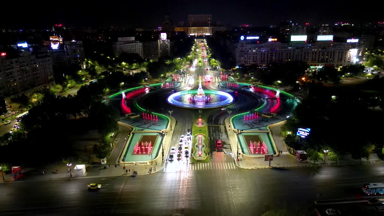 Aerial View of Bucharest's Illuminated Fountain at Night