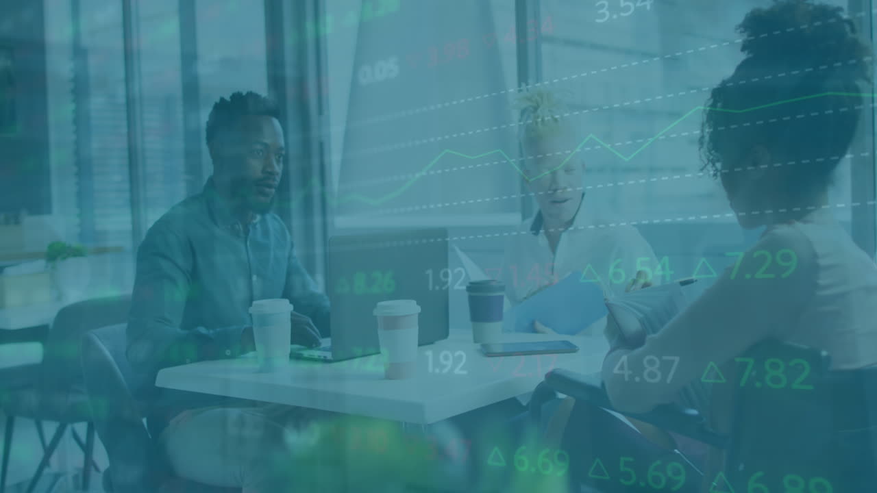 Animation of financial data processing over diverse business people working at office