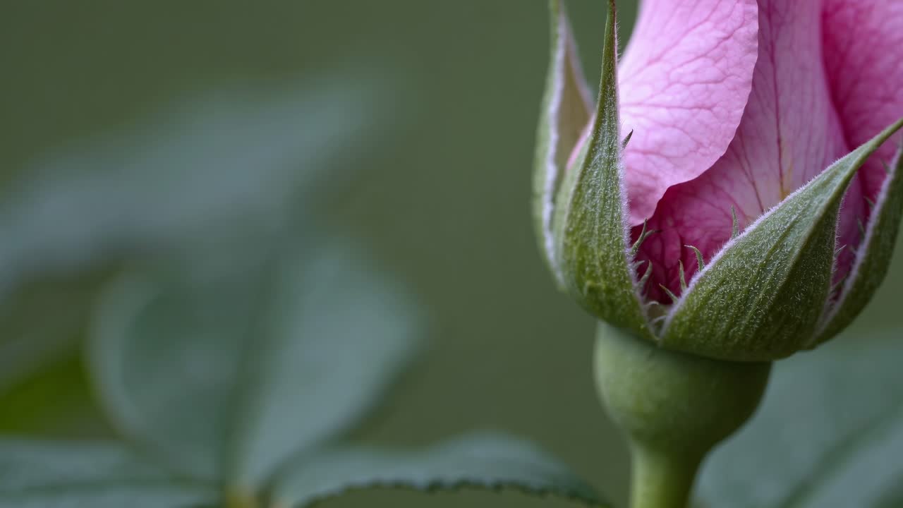 Close-up video of a pink rosebud with a blurred green background