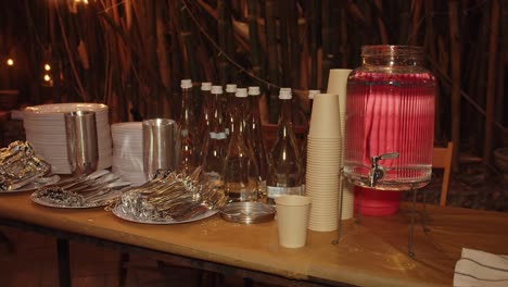 drinks serving for social event outdoor catering on wooden table in the evening event