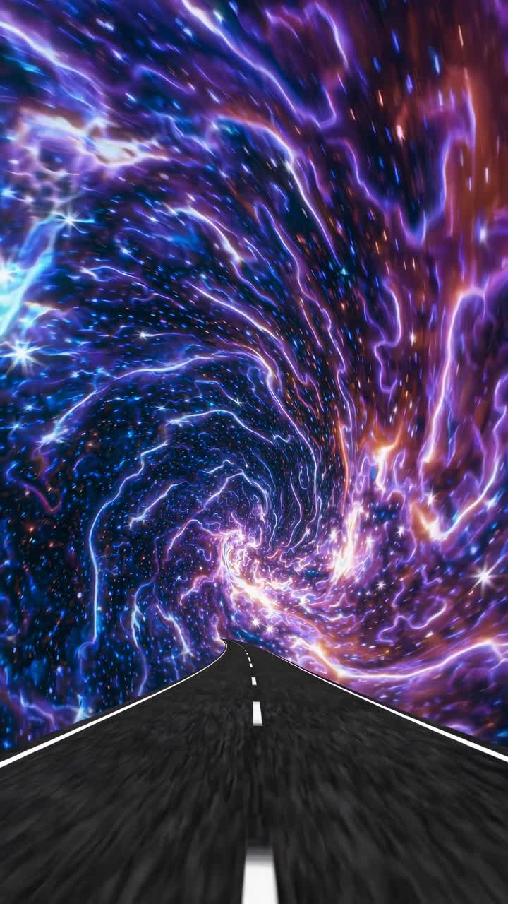 A surreal video concept of a road leading into a swirling galaxy