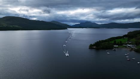 aerial view of boats approaching on loch lomond in scotland