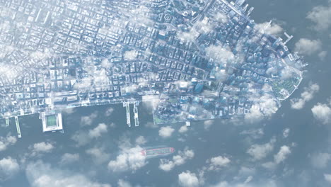 aerial view of a bustling city alongside a river under a cloudy sky