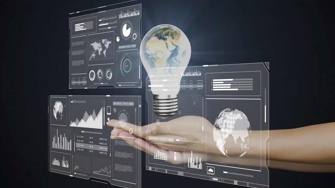 Holding light bulb, digital animation of data and graphs in futuristic interface