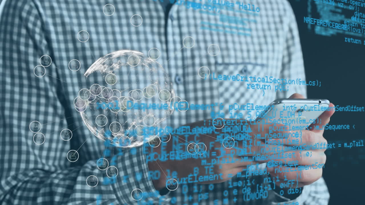 스마트 폰을 사용하여 카우카스인 남성의 데이터 처리 및 지구상의 애니메이션