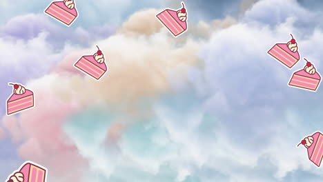 animación de iconos de pastel que caen sobre nubes de colores