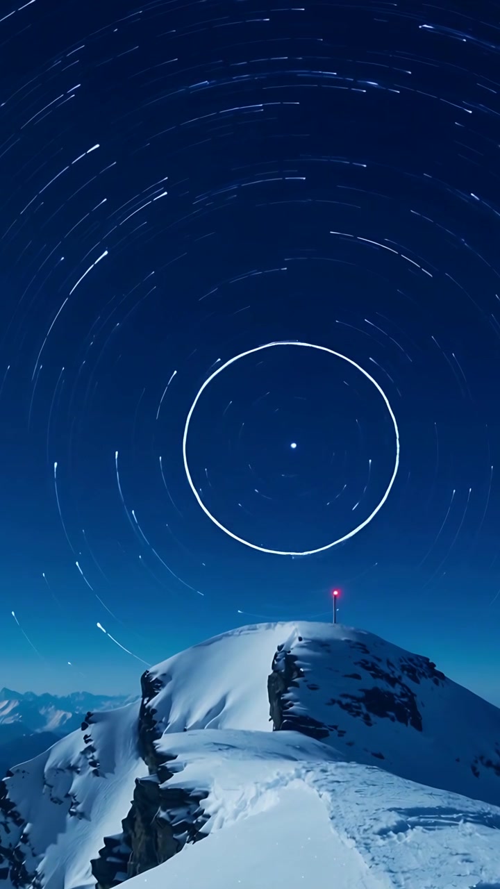Video verticale: Riprese notturne di una cima e di una cresta innevate, con la rotazione terrestre che crea scie stellari e un faro rosso.