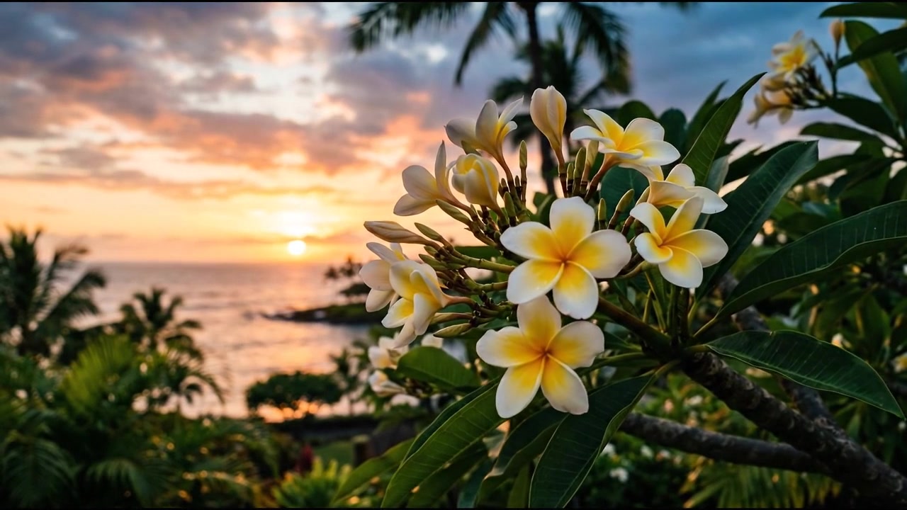 Bellissimo tramonto su una spiaggia tropicale con fiori di plumeria frangipani in fiore