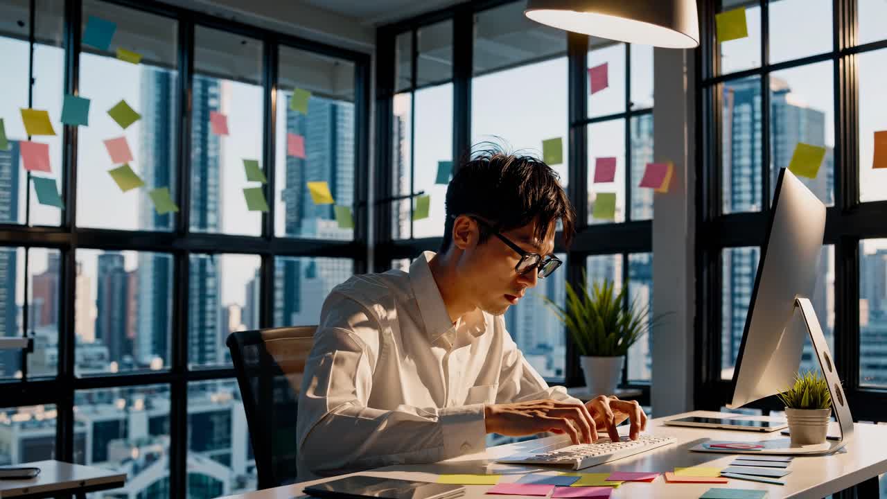 A man works at a desk in a modern office, surrounded by sticky notes, with a city view