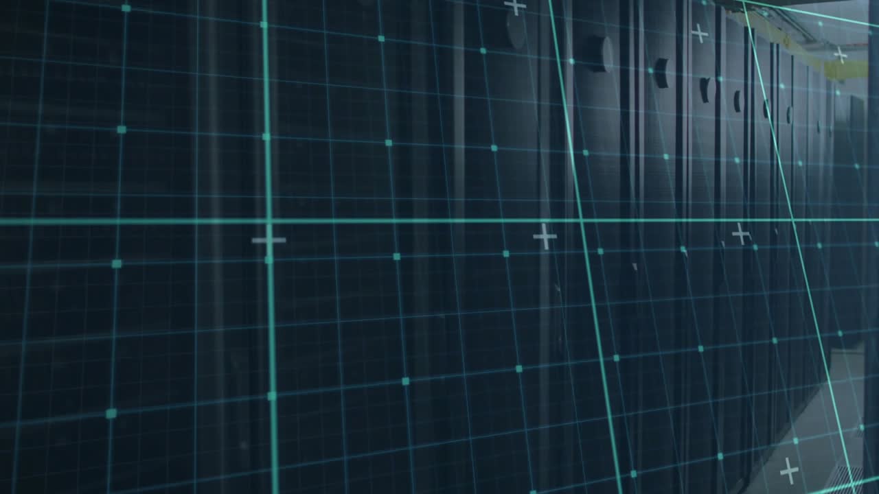 Fading turquoise digital grid scanning black server cabinets, visualizing real time data flow