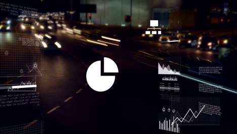 Animation-of-statistical-data-processing-against-time-lapse-of-night-city-traffic