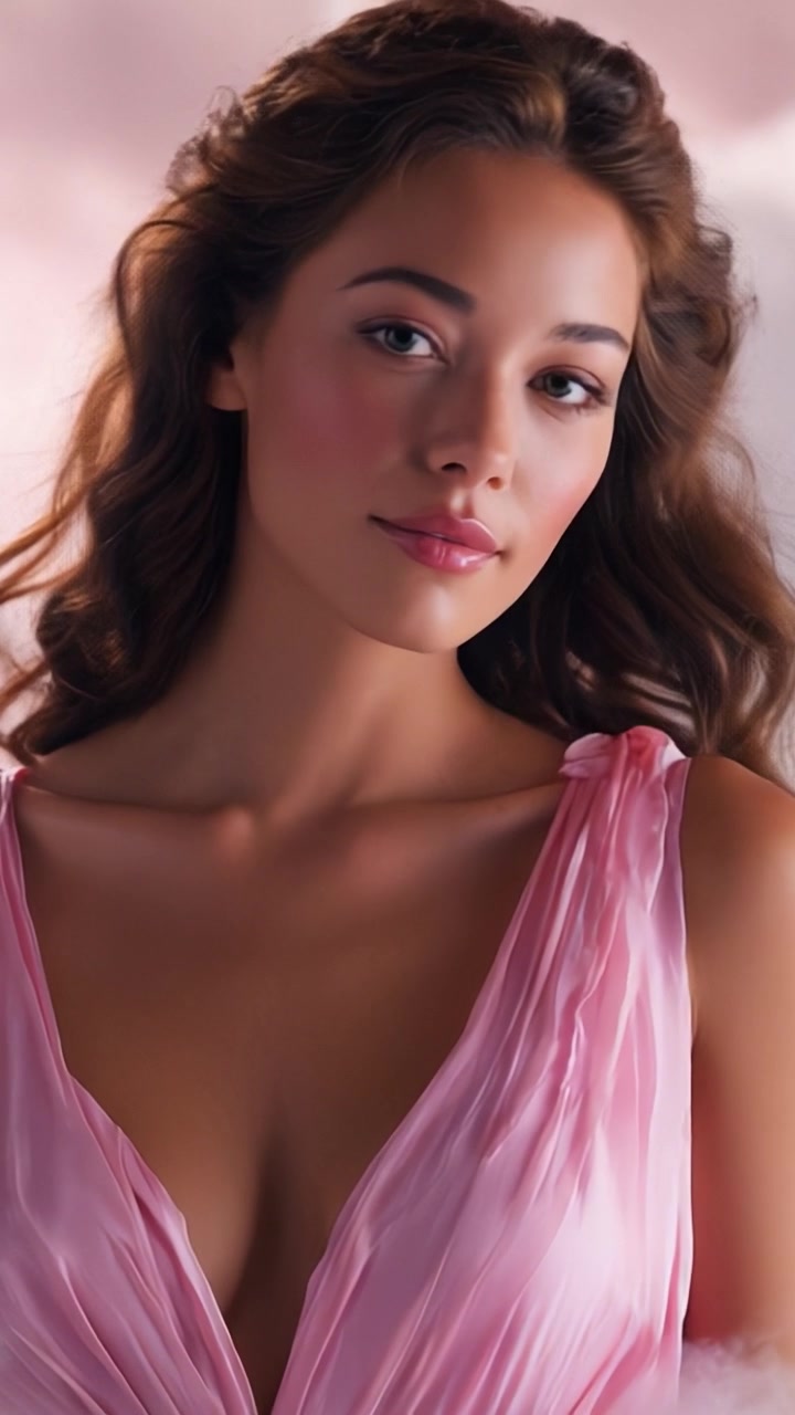Ritratto accattivante di una giovane donna in un vestito rosa con illuminazione soffusa e uno sfondo sognante che esalta la sua bellezza naturale e i suoi tratti espressivi