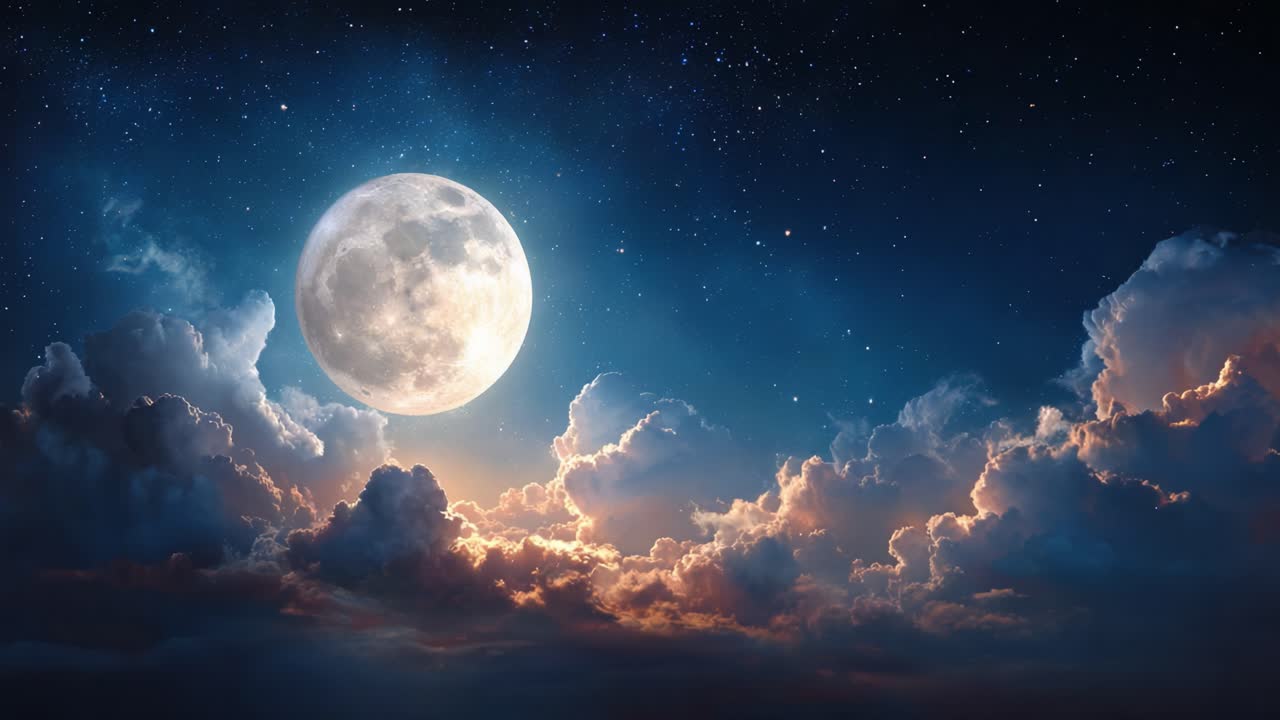 A Mesmerizing Night: The Full Moon Illuminates a Starry Sky Surrounded by Soft, Fluffy Clouds in a Tranquil Celestial Display