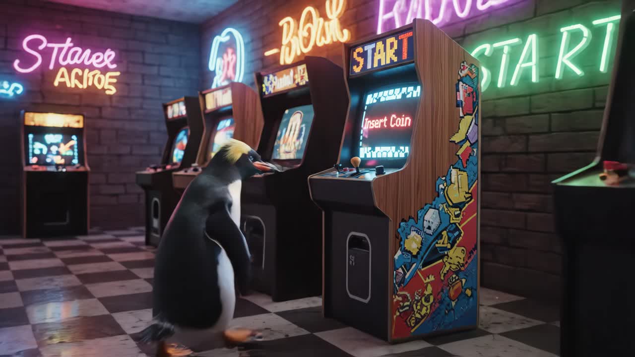 Penguin Playing Arcade Game