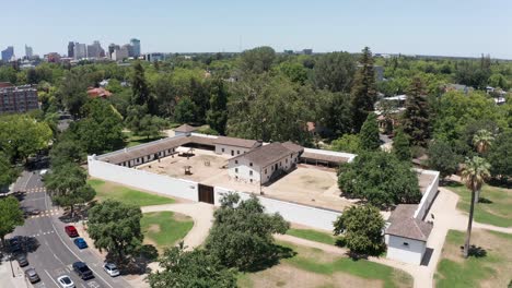 close-up aerial shot pushing in on sutter's fort in sacramento