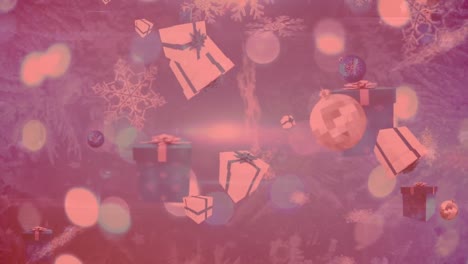 snowflakes, christmas baubles and gift icons falling against spots of light on blue background