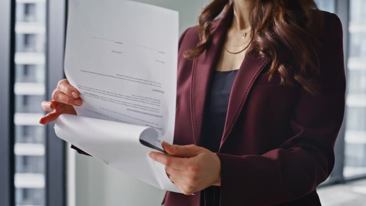 Boss hands reviewing documents on clipboard walking modern office alone closeup