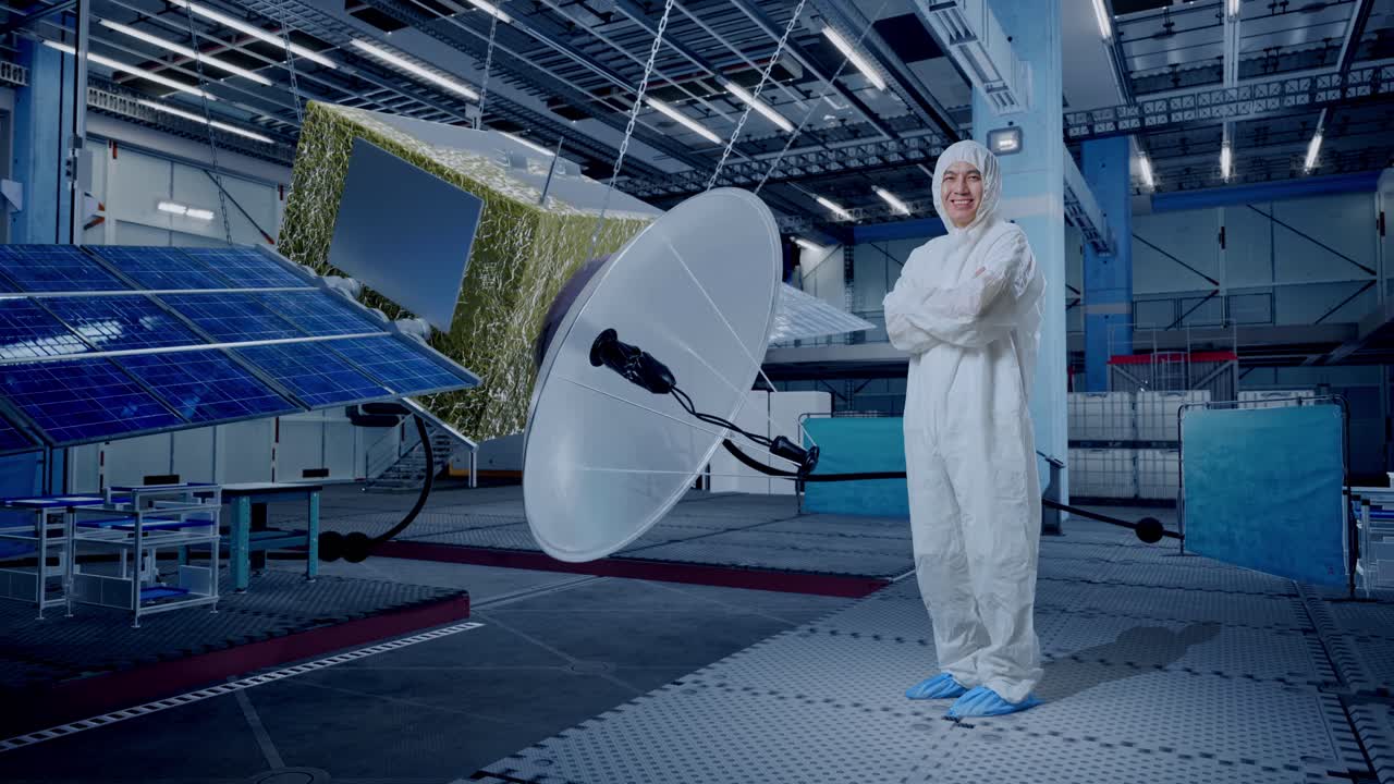 vista lateral del cuerpo completo del científico masculino asiático cruzando los brazos y sonriendo con la construcción de la nave espacial