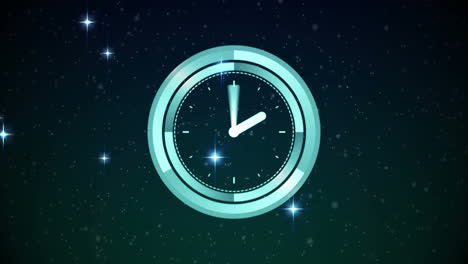 Animation-of-clock-with-moving-hands-over-glowing-stars-on-black-background