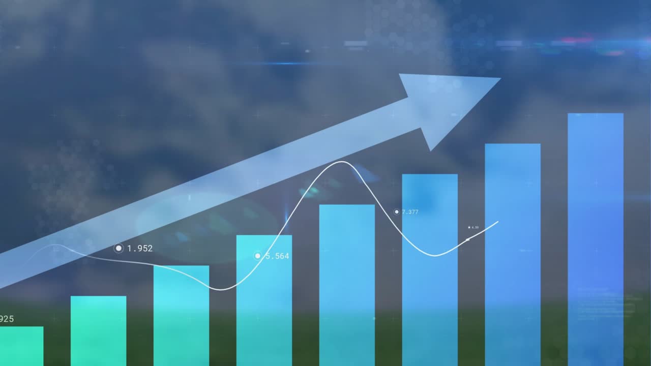 Finance chart receiving live feed moving trend line updating labels, shifting bars showing growth