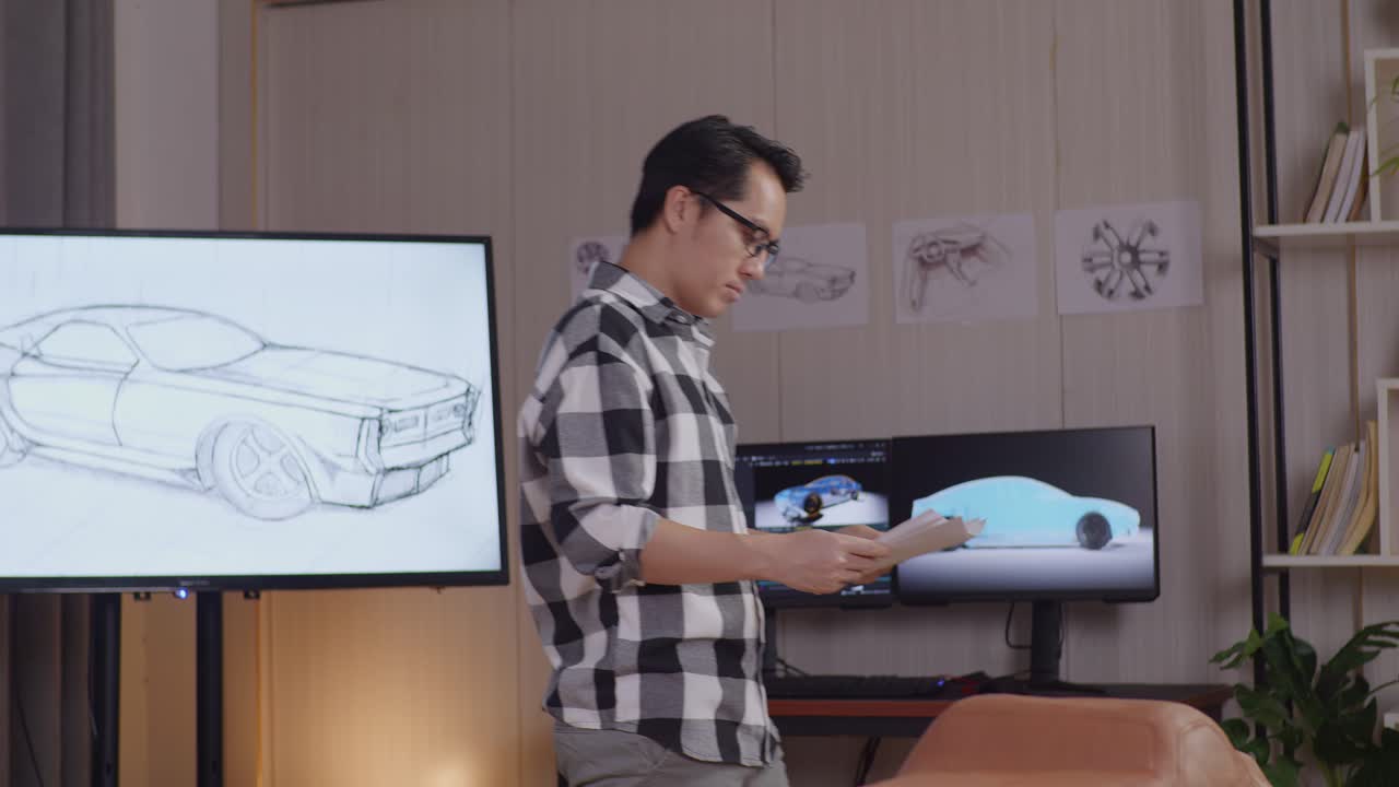 아시안 남자 자동차 디자이너는 그의 손에 자동차 디자인 스케치 종이를보고 자동차 점토의 조각과 함께 스튜디오에서 돌아다니고 있습니다.