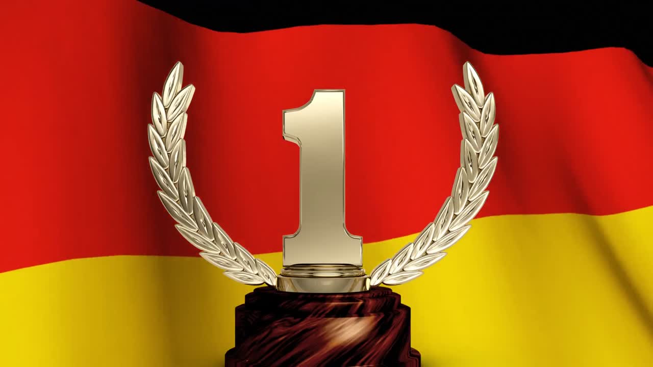 German flag and a first place trophy