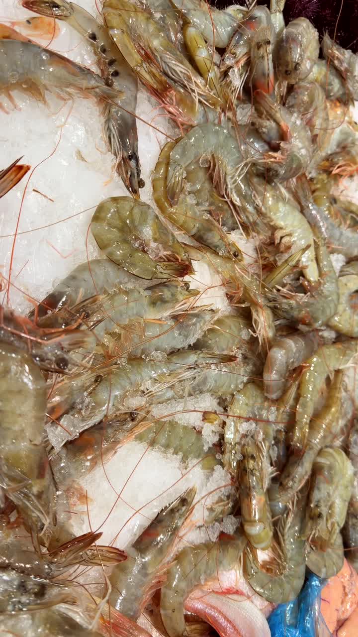 Udang dan Makanan Laut Mentah Segar di Atas Es di Pasar