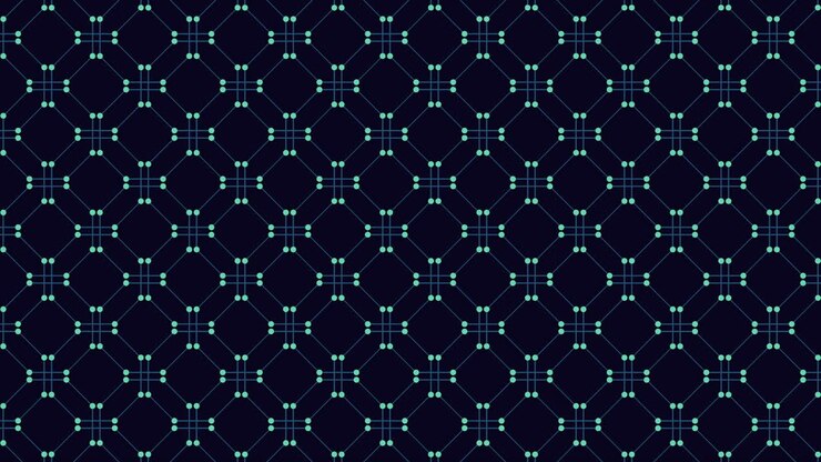 Abstract seamless geometric grid with glowing nodes and lines on dark blue background, futuristic technology network pattern for digital interfaces, data visuals