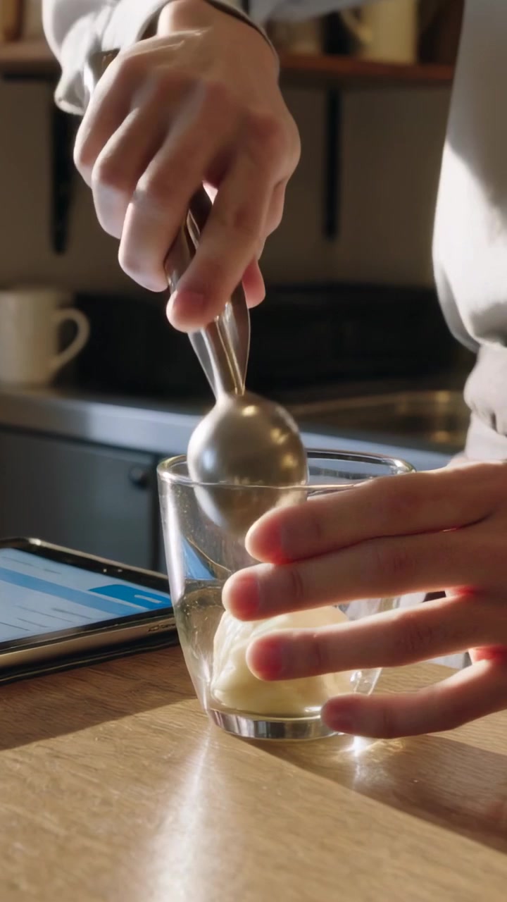 Video verticale: Barista con grembiule che tocca un tablet e mette il gelato in un bicchiere in un caffè per servire.