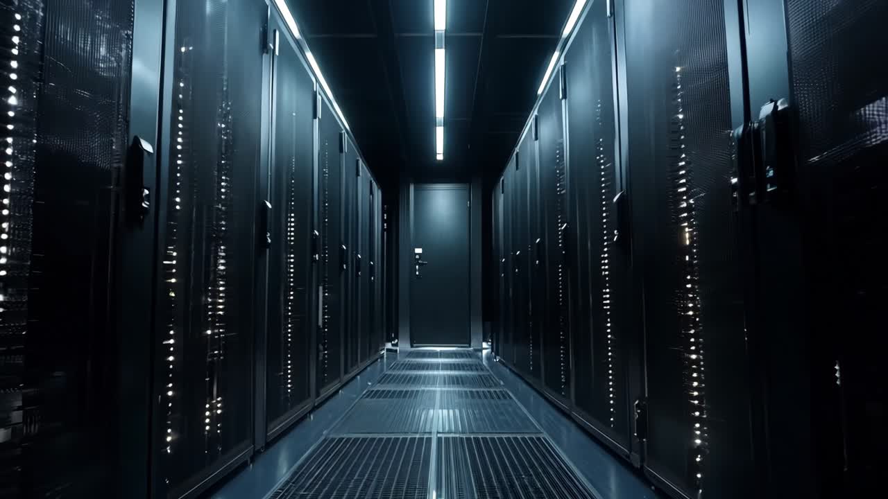 A long hallway in a server room with rows of servers