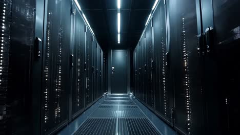 a long hallway in a server room with rows of servers