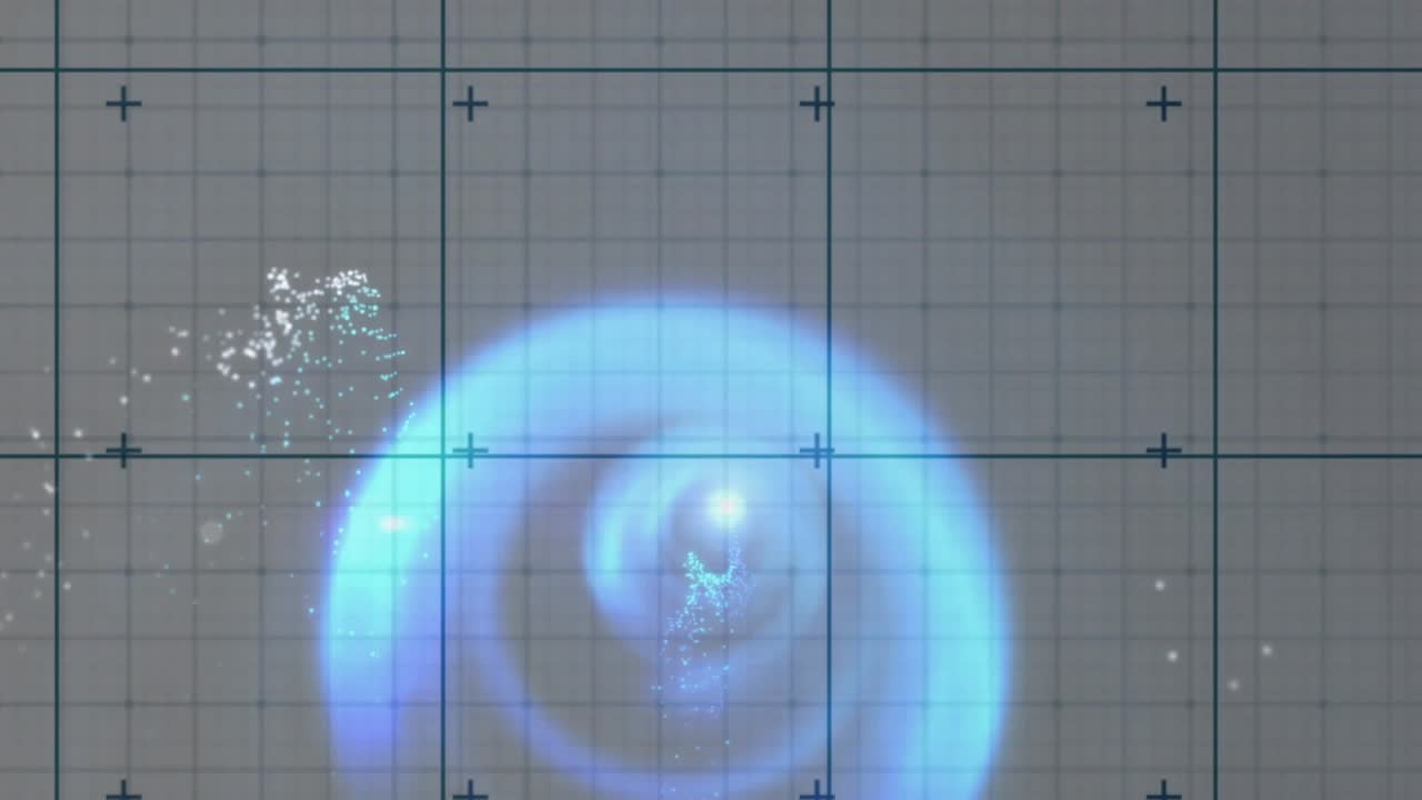 Luminous blue emitter appearing below center, emitting rising sparks and expanding halo for test