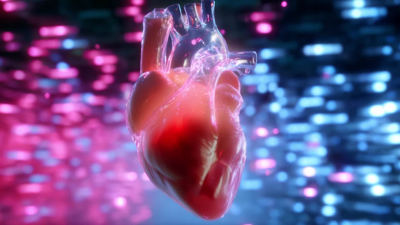 Captivating Visualization of a Human Heart in Motion with Vibrant Lights and Colors, Showcasing the Intricate Details and Anatomy of a Beating Heart Surrounded by a Dynamic Background