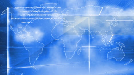 interfaz digital con procesamiento de datos sobre el mapa del mundo contra nubes en el cielo azul