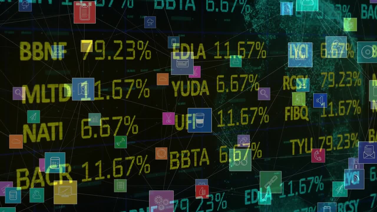 animación de la red de conexiones con iconos y procesamiento de datos financieros en todo el mundo
