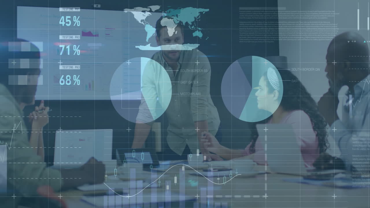 animación del procesamiento de datos financieros sobre diversos colegas que discuten el trabajo en la oficina